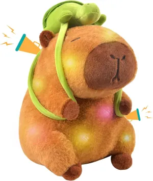 Capybara Plush Stuffed Animal Toy - 9" Light up & Plays Real Capybara Sounds Plushie with Wearable Turtle Backpack, Cute Birthday Gifts, Funny Capybara Pillow Stuffies for Baby Girls Boys Kids