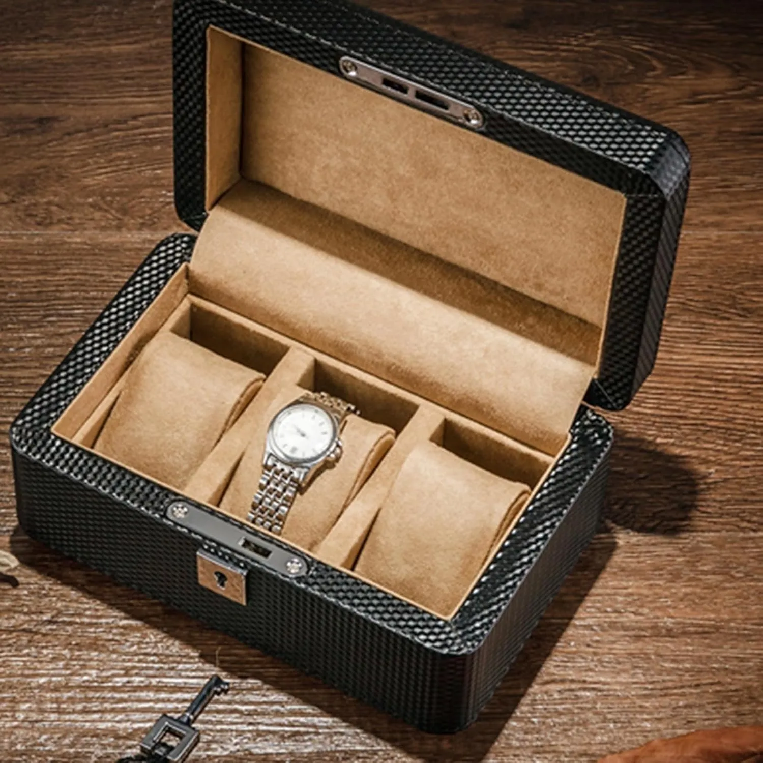 Carbon Fiber Leather Watch Box Mechanical Watch Display Box Collection Storage Box With Lock, Watch Stand, Black(Beige)