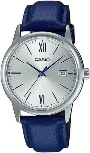 Casio MTP-V002L-2B3 Men's Standard Dress Analog Blue Leather Band Silver Dial Date Watchh