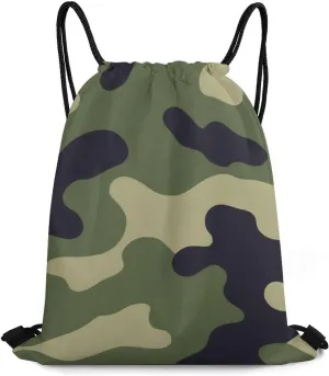 Casual Backpack Shoulder Bag, Green Camo Army Camouflage 3D Print Waterproof Drawstring Bag Large Capacity Sack Bags Durable Sports Gym Bags for Women and Men