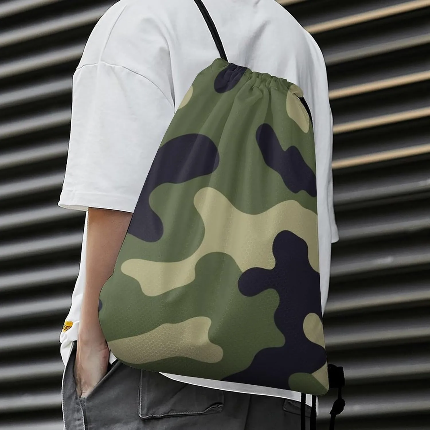 Casual Backpack Shoulder Bag, Green Camo Army Camouflage 3D Print Waterproof Drawstring Bag Large Capacity Sack Bags Durable Sports Gym Bags for Women and Men