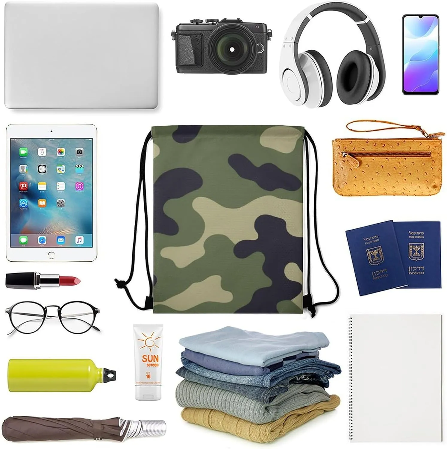 Casual Backpack Shoulder Bag, Green Camo Army Camouflage 3D Print Waterproof Drawstring Bag Large Capacity Sack Bags Durable Sports Gym Bags for Women and Men