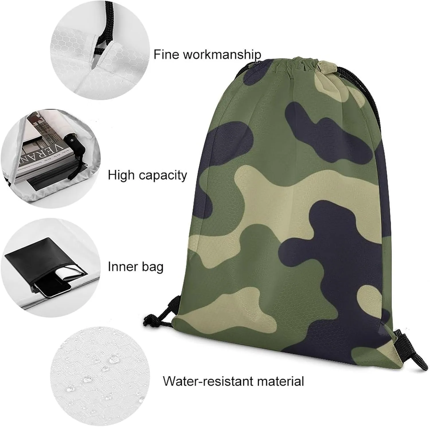 Casual Backpack Shoulder Bag, Green Camo Army Camouflage 3D Print Waterproof Drawstring Bag Large Capacity Sack Bags Durable Sports Gym Bags for Women and Men
