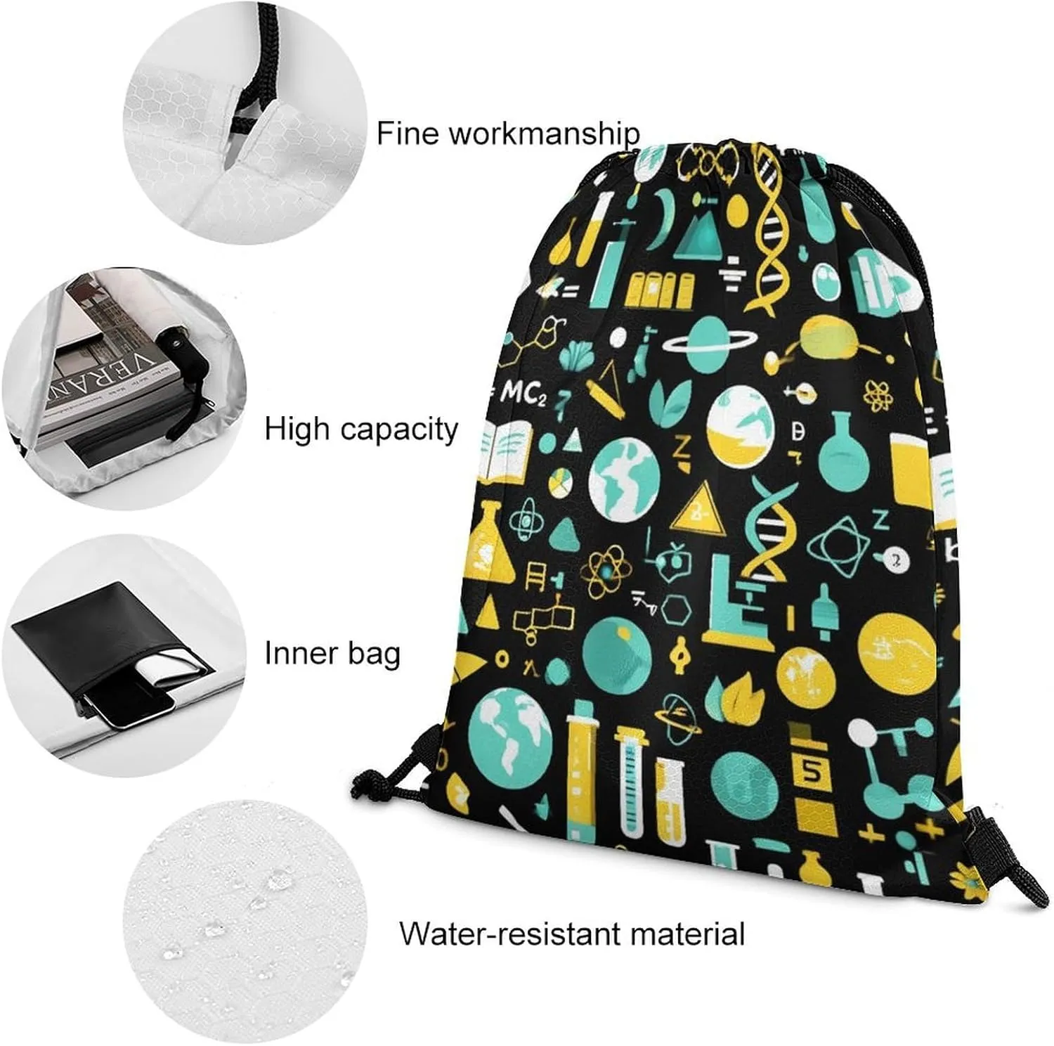 Casual Backpack Shoulder Bag, Science Math Physical Chemical Biology Waterproof Drawstring Bag Large Capacity Sack Bags Durable Sports Gym Bags for Women and Men
