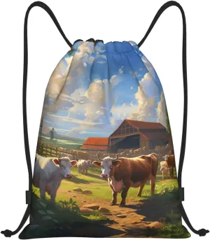 Cattle Farm Sanctuary Print Drawstring Bags,Sport Gym Sackpack Adjustable Beach Bag Yoga Backpack Bag