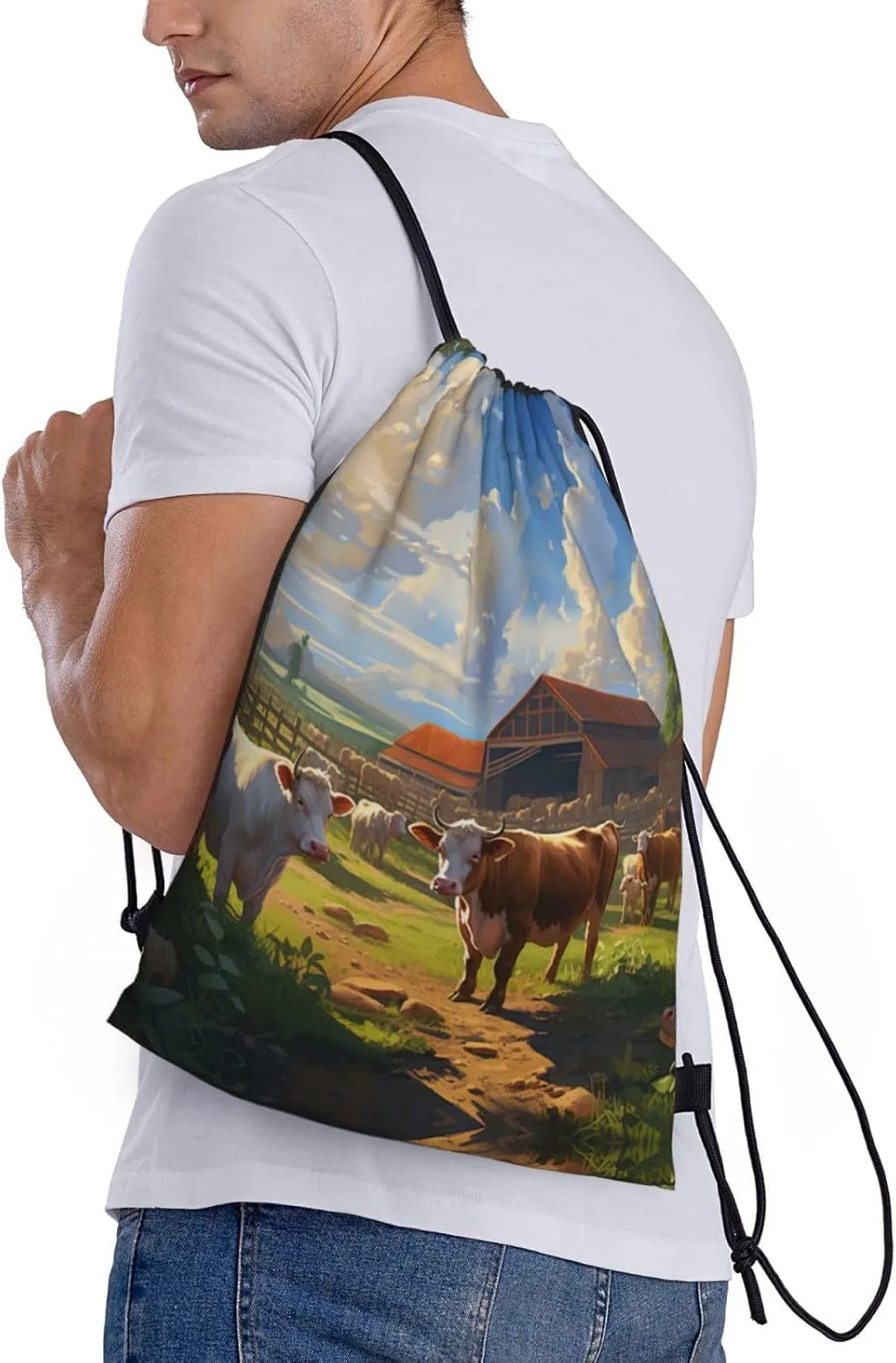 Cattle Farm Sanctuary Print Drawstring Bags,Sport Gym Sackpack Adjustable Beach Bag Yoga Backpack Bag