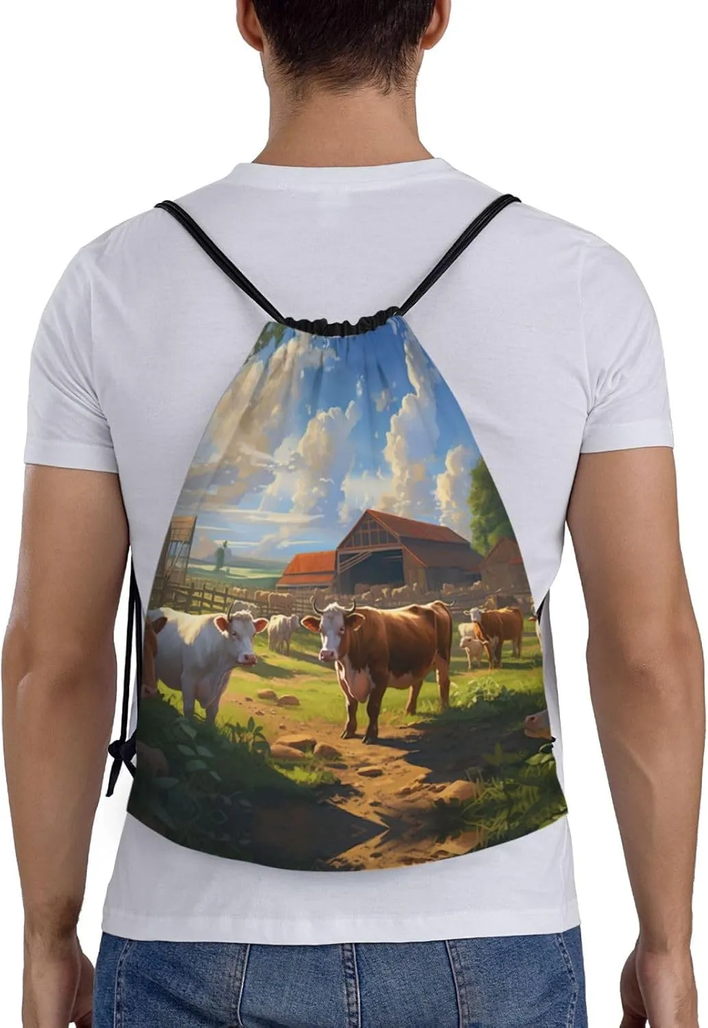 Cattle Farm Sanctuary Print Drawstring Bags,Sport Gym Sackpack Adjustable Beach Bag Yoga Backpack Bag