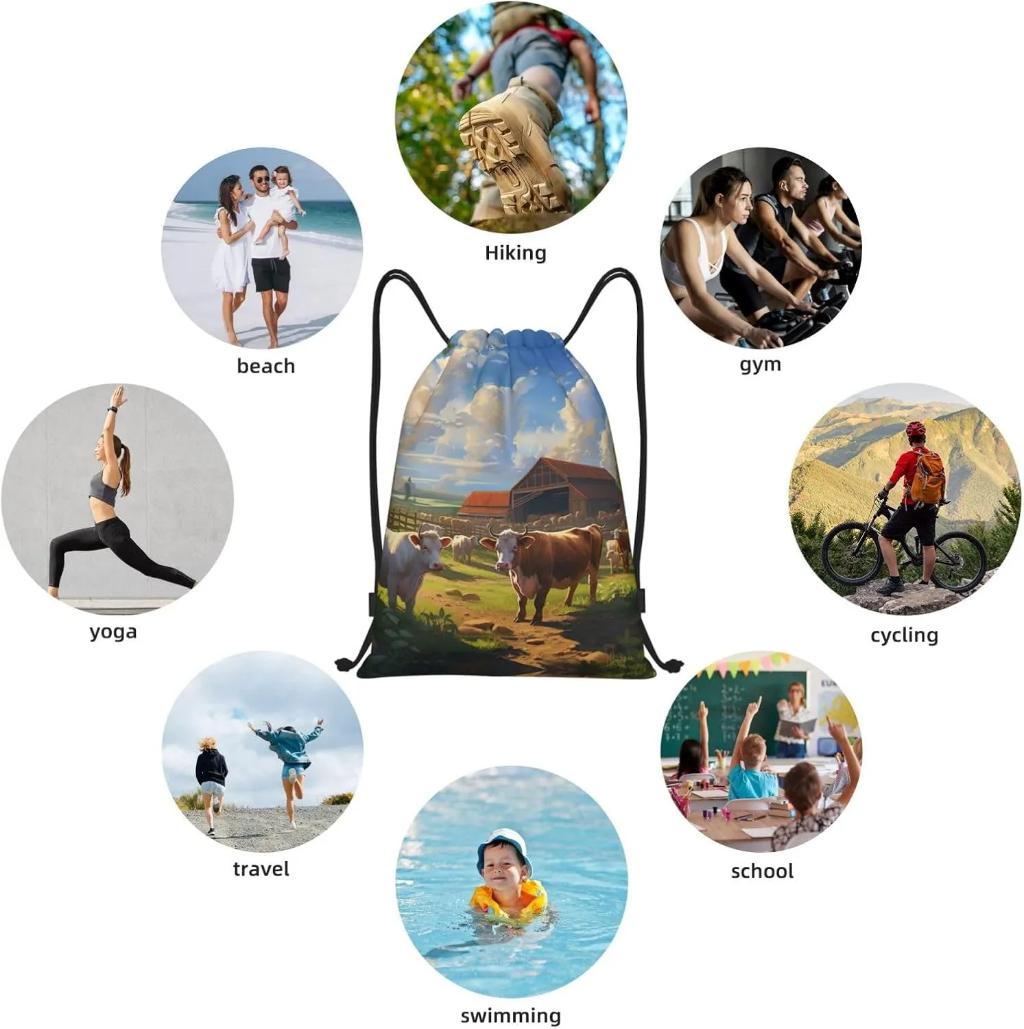 Cattle Farm Sanctuary Print Drawstring Bags,Sport Gym Sackpack Adjustable Beach Bag Yoga Backpack Bag