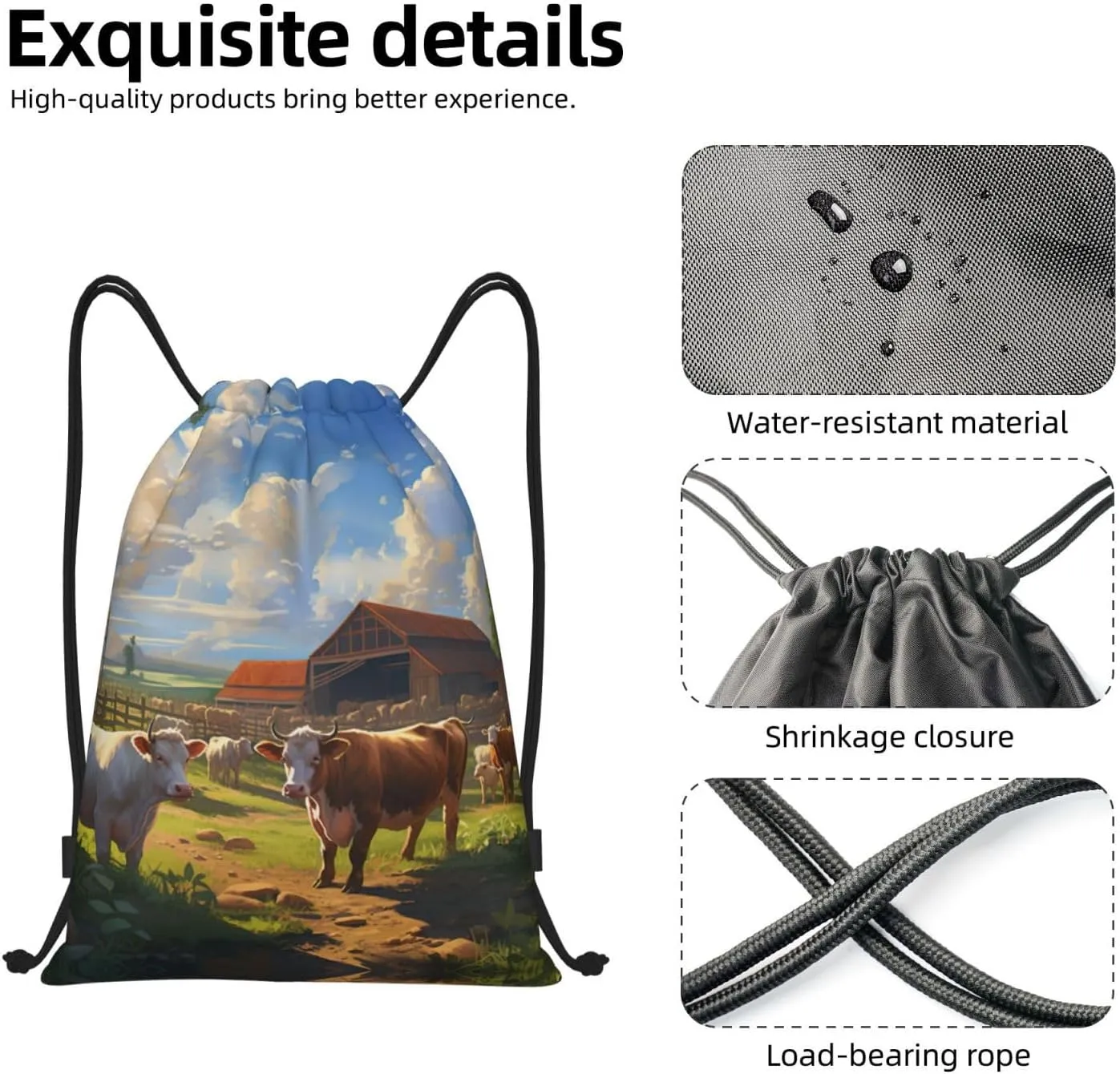 Cattle Farm Sanctuary Print Drawstring Bags,Sport Gym Sackpack Adjustable Beach Bag Yoga Backpack Bag