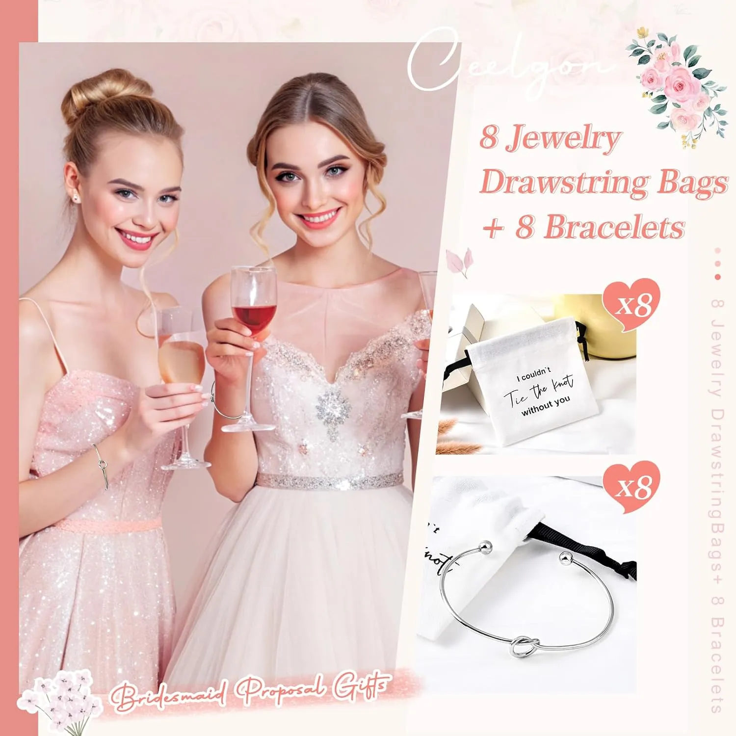 CEELGON 16 Pcs Jewelry Pouch Bridesmaid Gifts Set of 8 Linen Cotton Small Drawstring Bags & Bridesmaid Knot Bracelet Jewelry Packaging Bridesmaid Proposal Gift Bridal Party Favors Gifts (Silver)