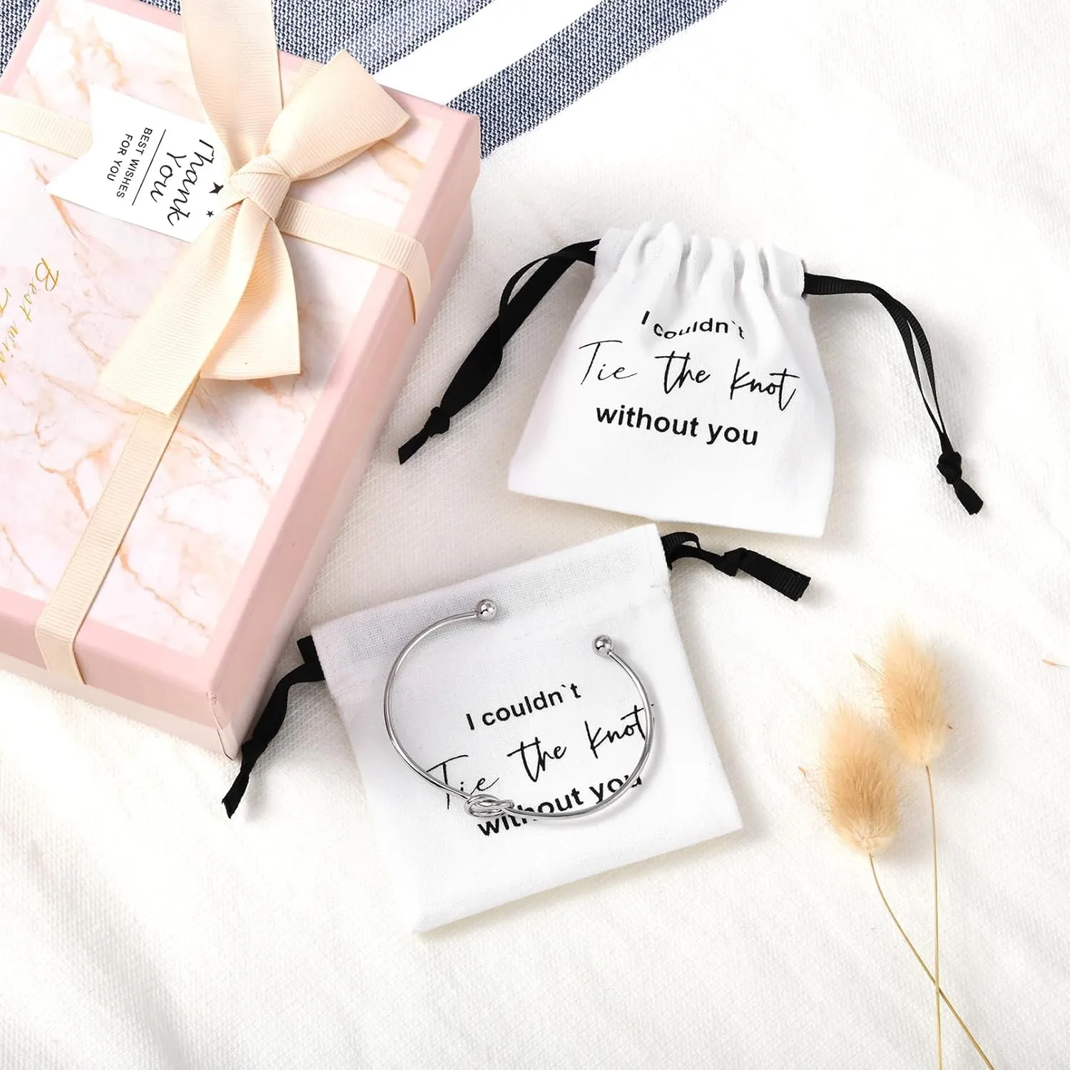 CEELGON 16 Pcs Jewelry Pouch Bridesmaid Gifts Set of 8 Linen Cotton Small Drawstring Bags & Bridesmaid Knot Bracelet Jewelry Packaging Bridesmaid Proposal Gift Bridal Party Favors Gifts (Silver)