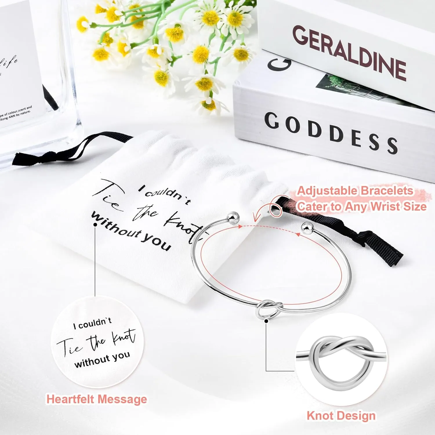 CEELGON 16 Pcs Jewelry Pouch Bridesmaid Gifts Set of 8 Linen Cotton Small Drawstring Bags & Bridesmaid Knot Bracelet Jewelry Packaging Bridesmaid Proposal Gift Bridal Party Favors Gifts (Silver)