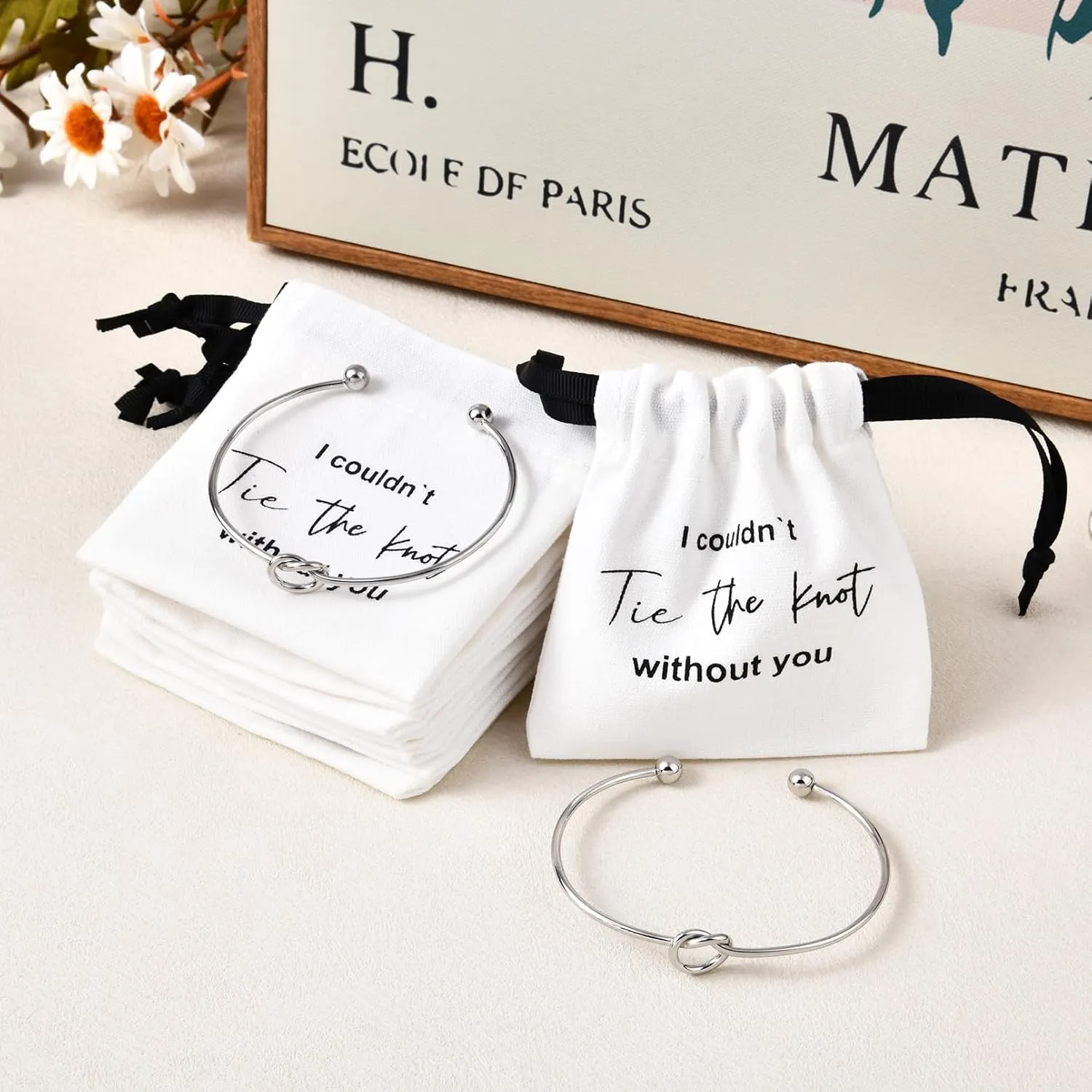 CEELGON 16 Pcs Jewelry Pouch Bridesmaid Gifts Set of 8 Linen Cotton Small Drawstring Bags & Bridesmaid Knot Bracelet Jewelry Packaging Bridesmaid Proposal Gift Bridal Party Favors Gifts (Silver)