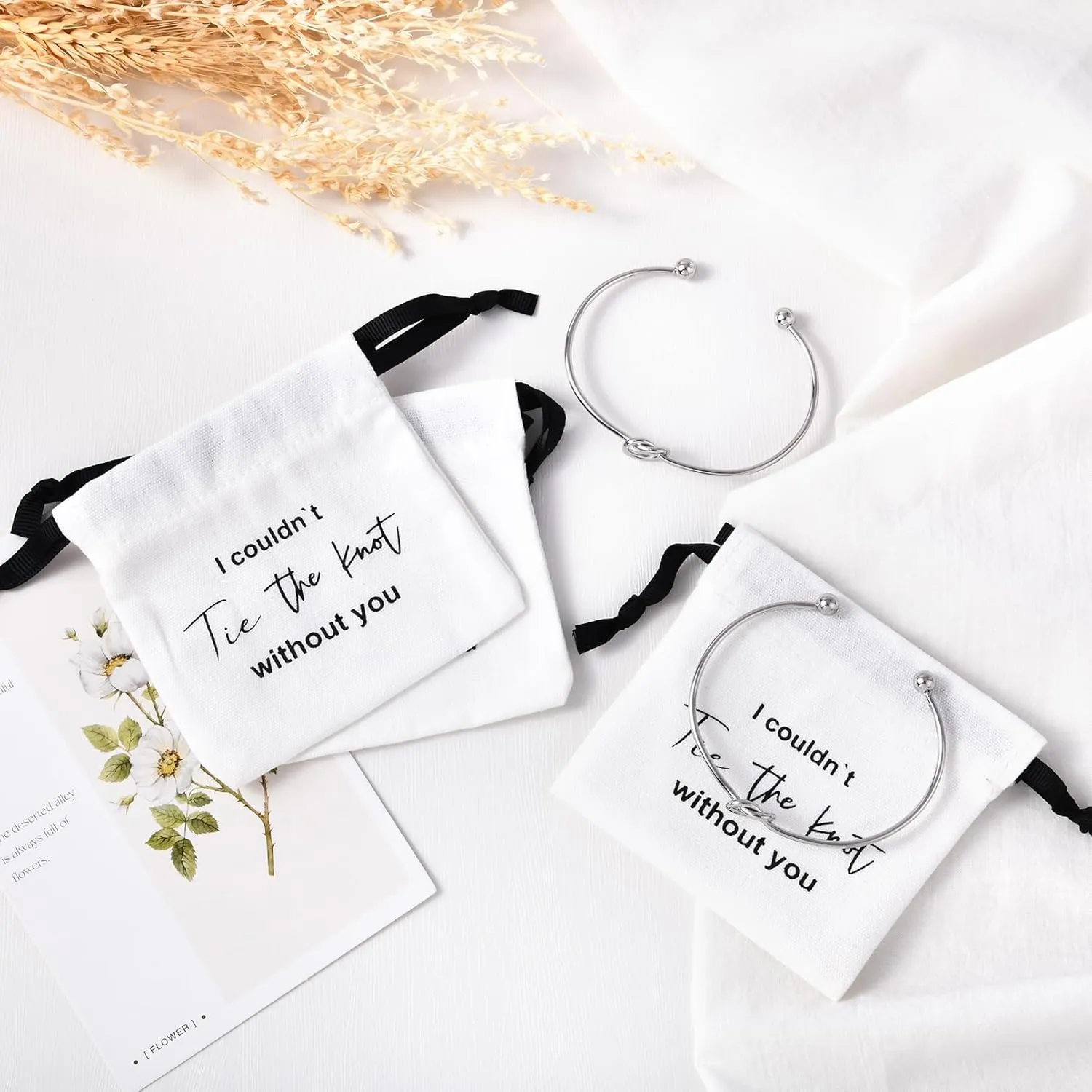 CEELGON 16 Pcs Jewelry Pouch Bridesmaid Gifts Set of 8 Linen Cotton Small Drawstring Bags & Bridesmaid Knot Bracelet Jewelry Packaging Bridesmaid Proposal Gift Bridal Party Favors Gifts (Silver)