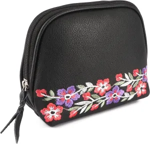 CHALLENGER Women's Black Leather Floral Embroidered Zippered Makeup Cosmetic Bag 18BT07BK