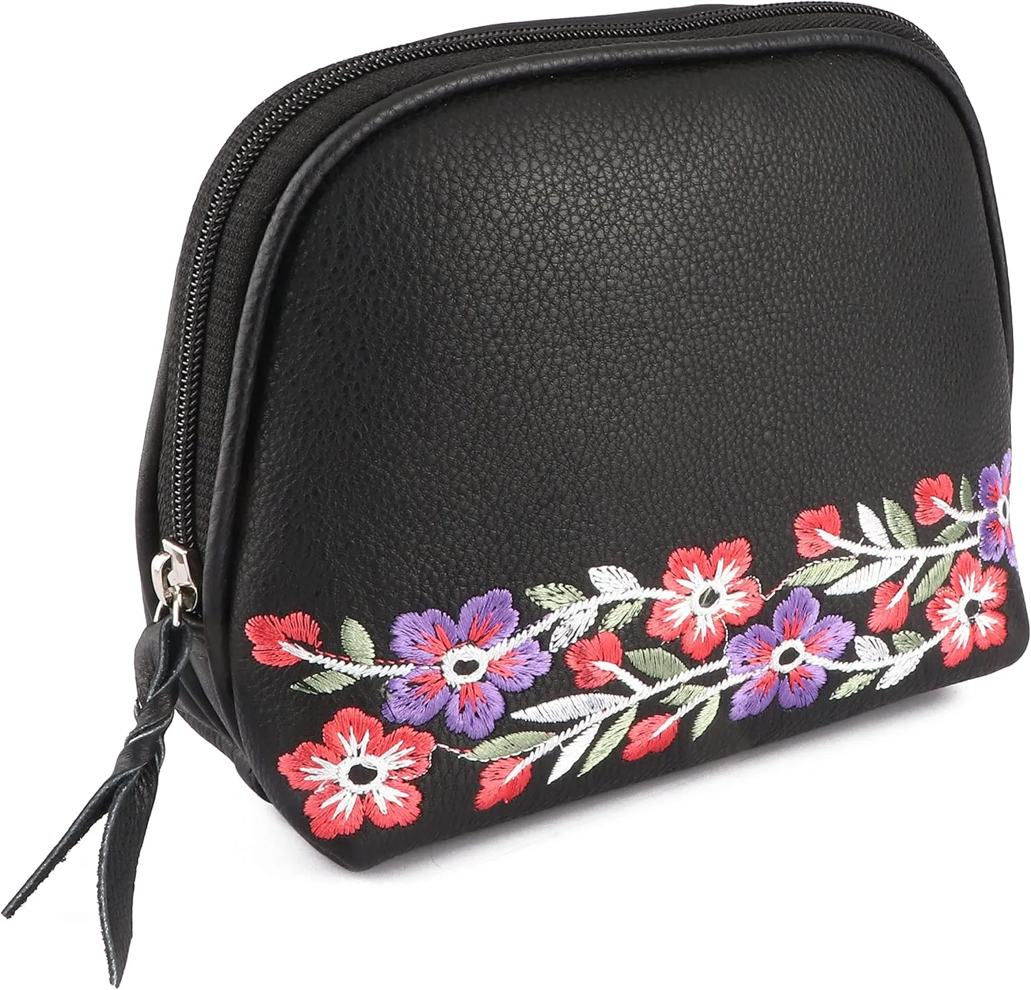 CHALLENGER Women's Black Leather Floral Embroidered Zippered Makeup Cosmetic Bag 18BT07BK