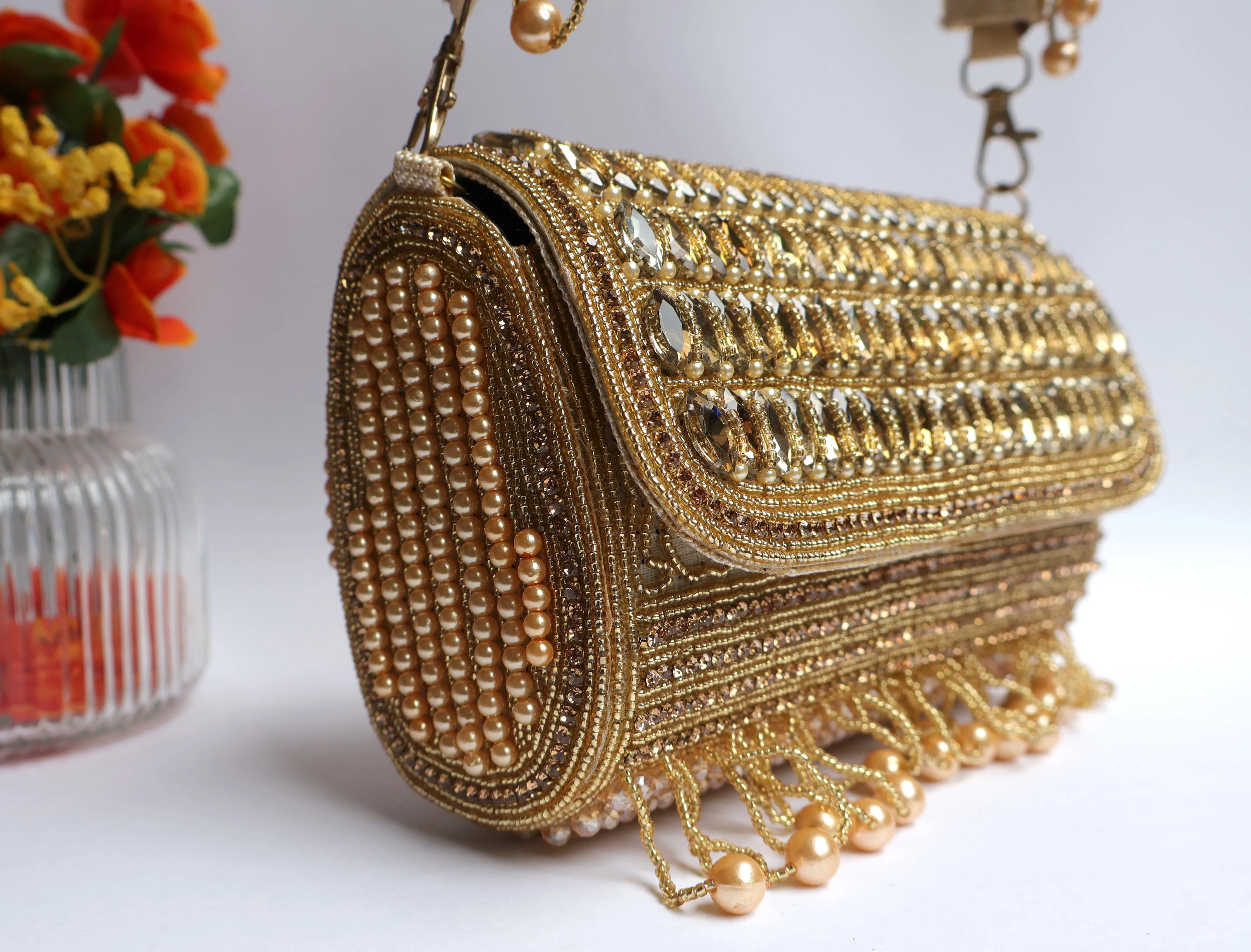 Champagne Gold Crystals Clutch Handbag with Suspended Pearls