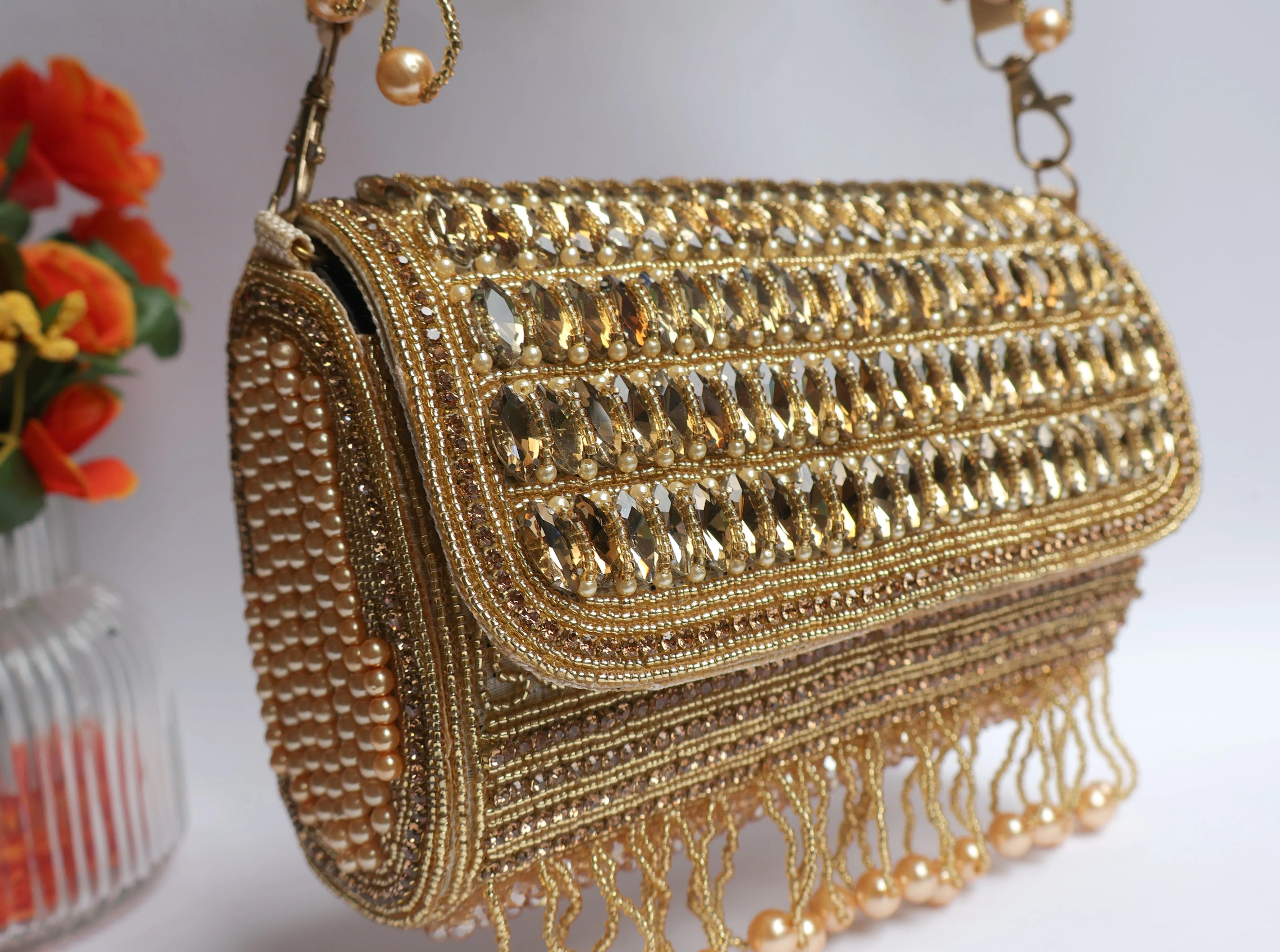 Champagne Gold Crystals Clutch Handbag with Suspended Pearls