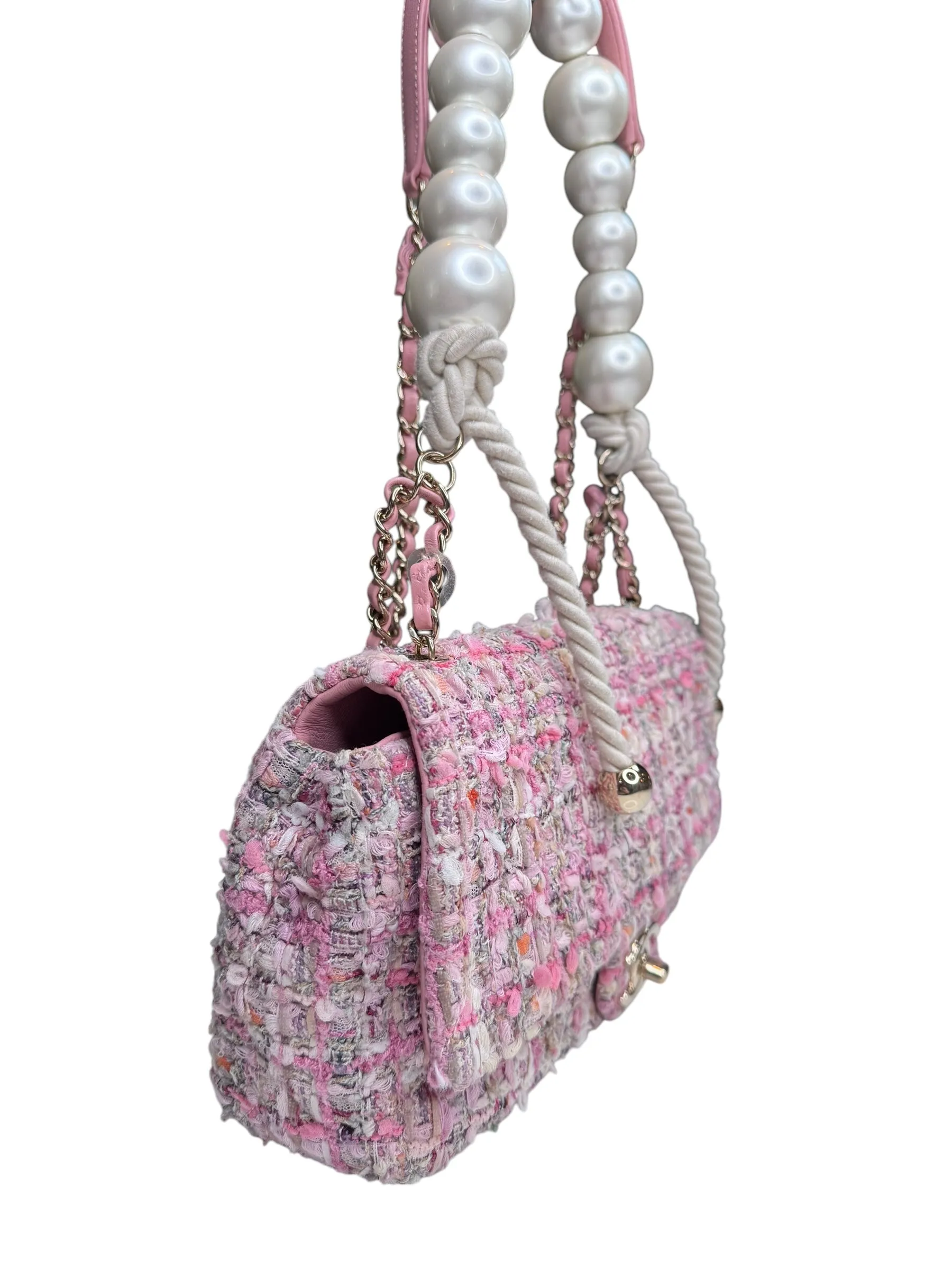 Chanel Pearl Handled Tweed Medium Flap Bag