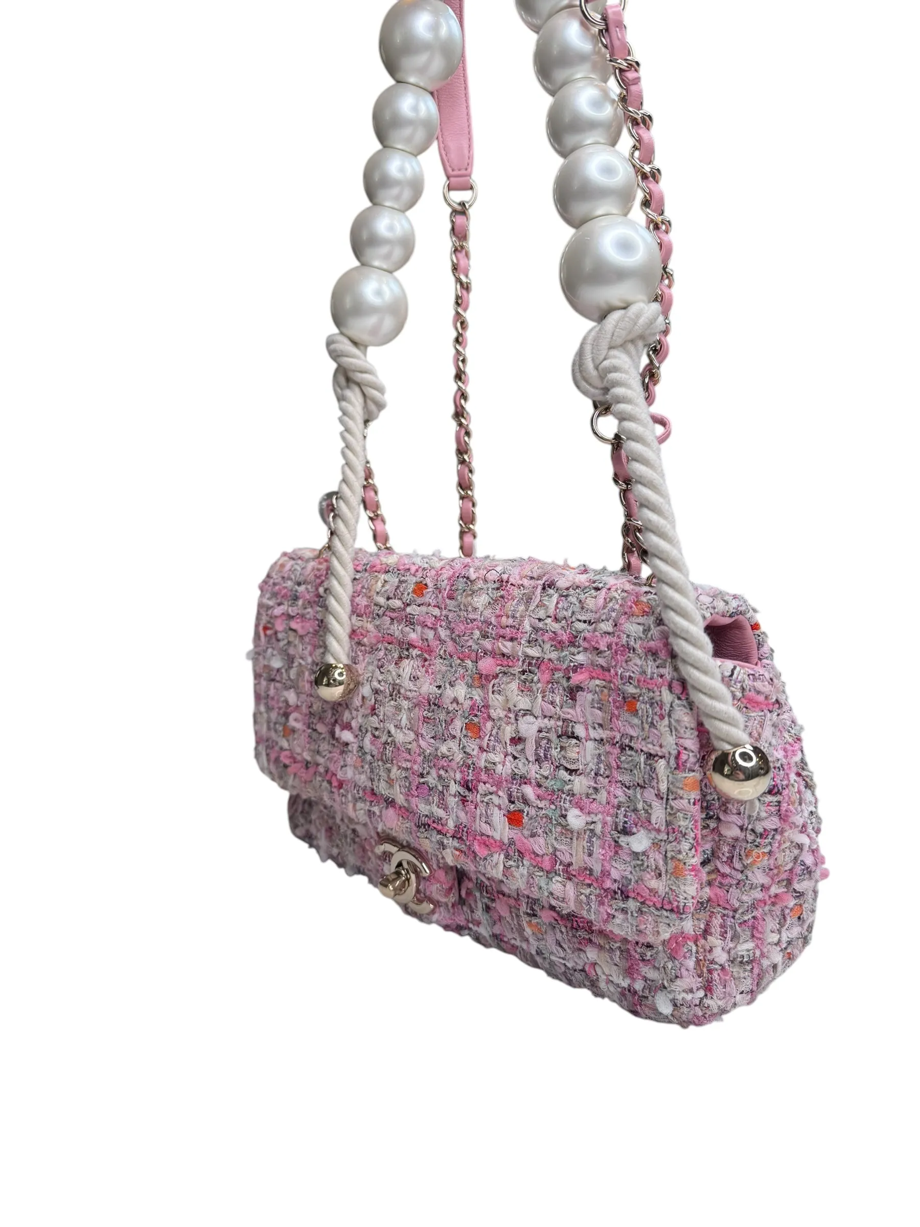 Chanel Pearl Handled Tweed Medium Flap Bag