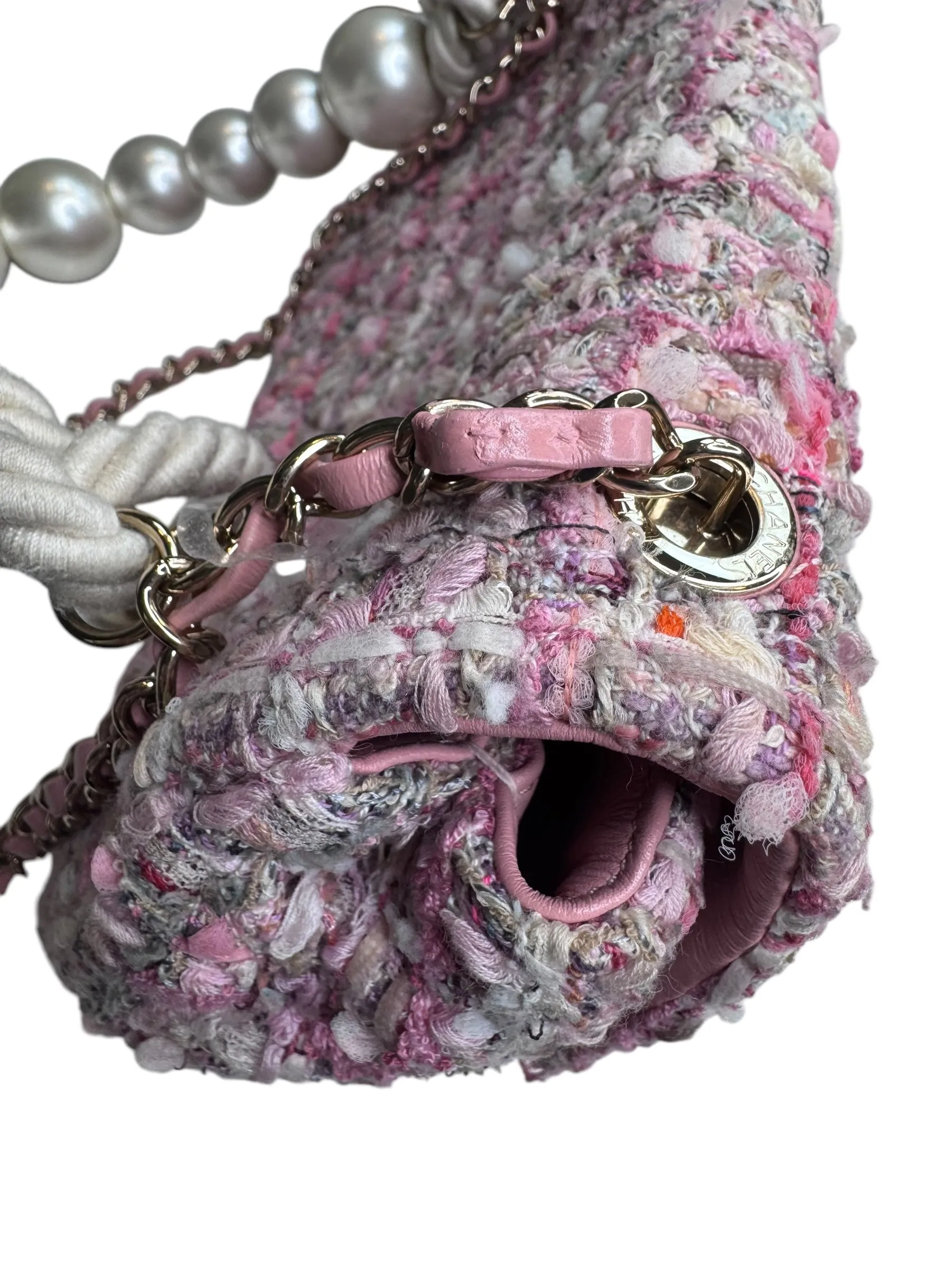Chanel Pearl Handled Tweed Medium Flap Bag