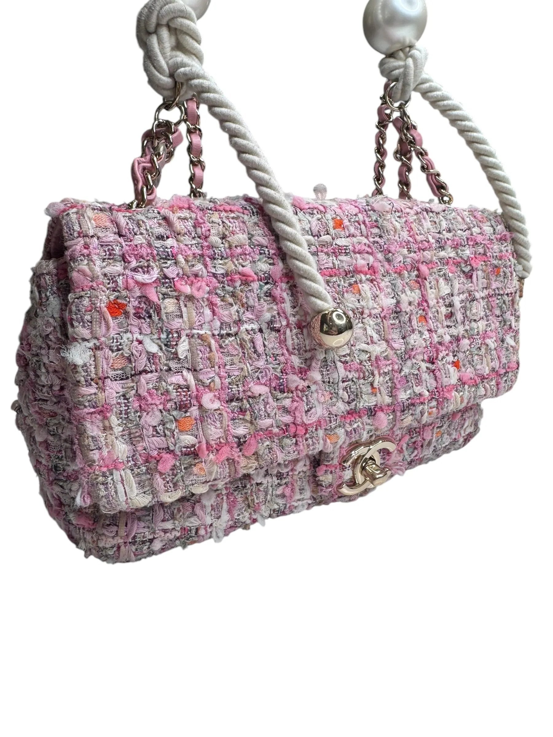 Chanel Pearl Handled Tweed Medium Flap Bag