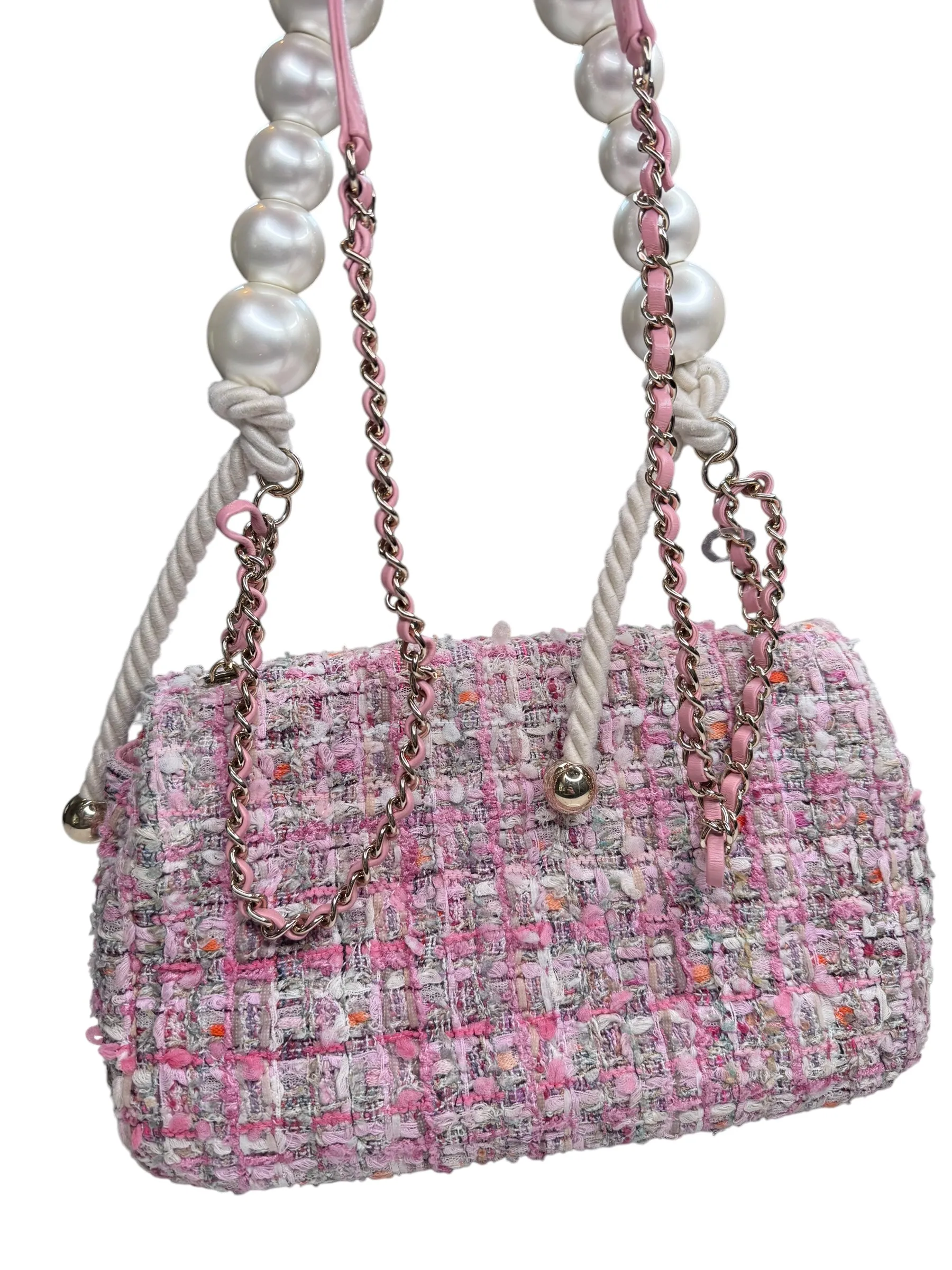 Chanel Pearl Handled Tweed Medium Flap Bag