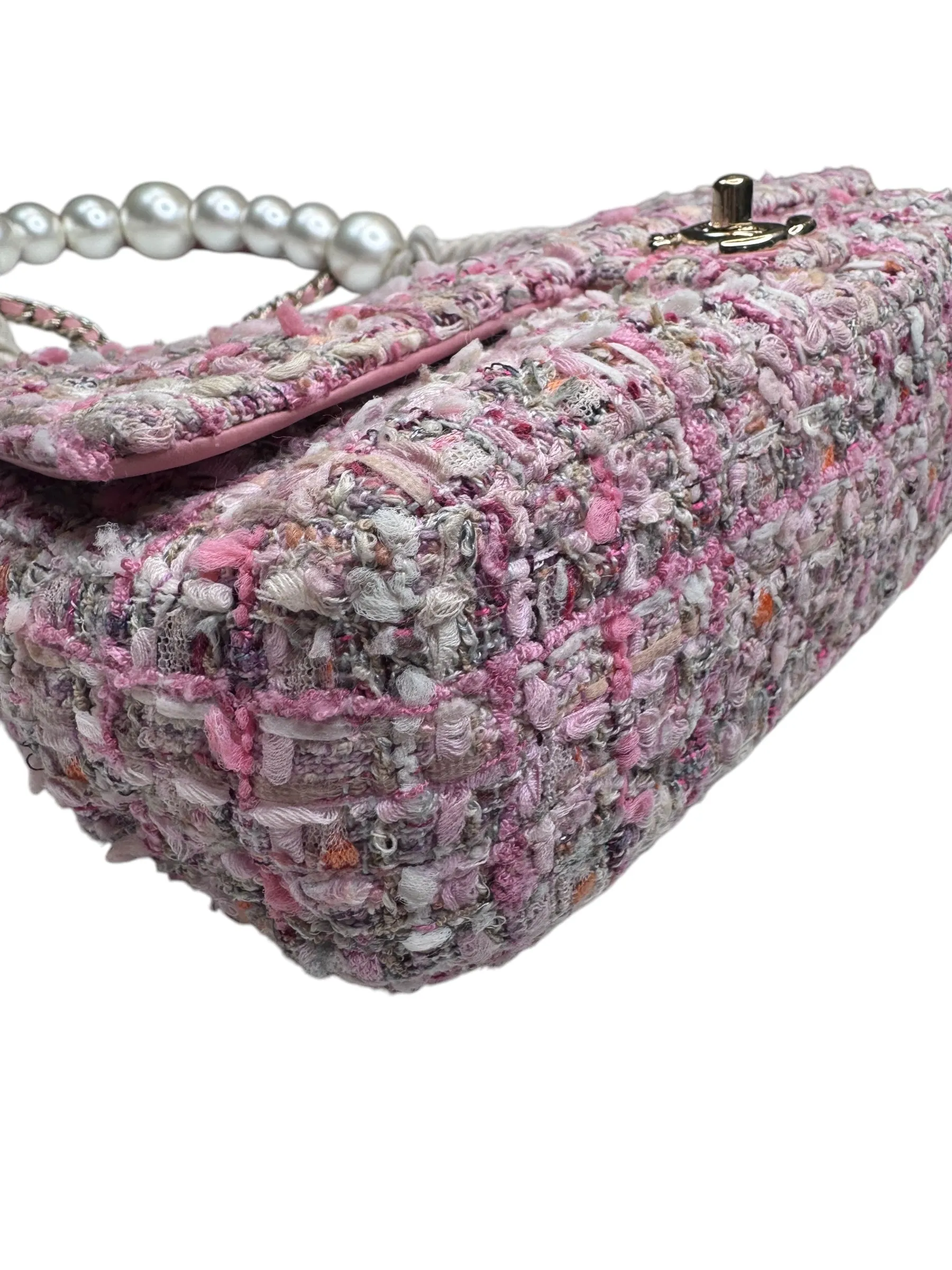Chanel Pearl Handled Tweed Medium Flap Bag