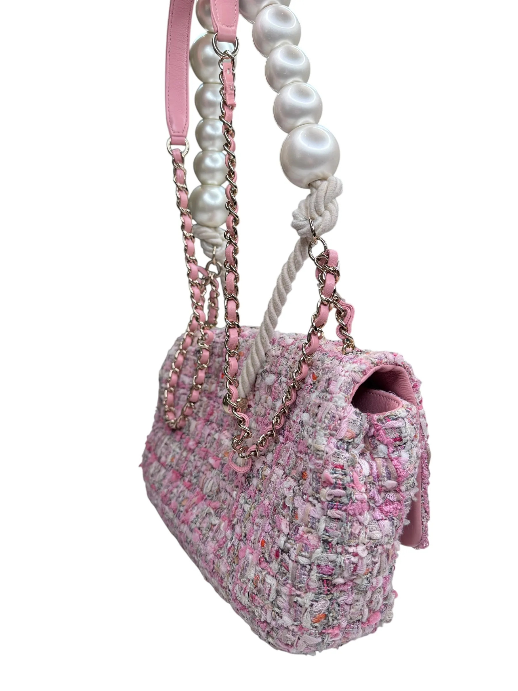 Chanel Pearl Handled Tweed Medium Flap Bag