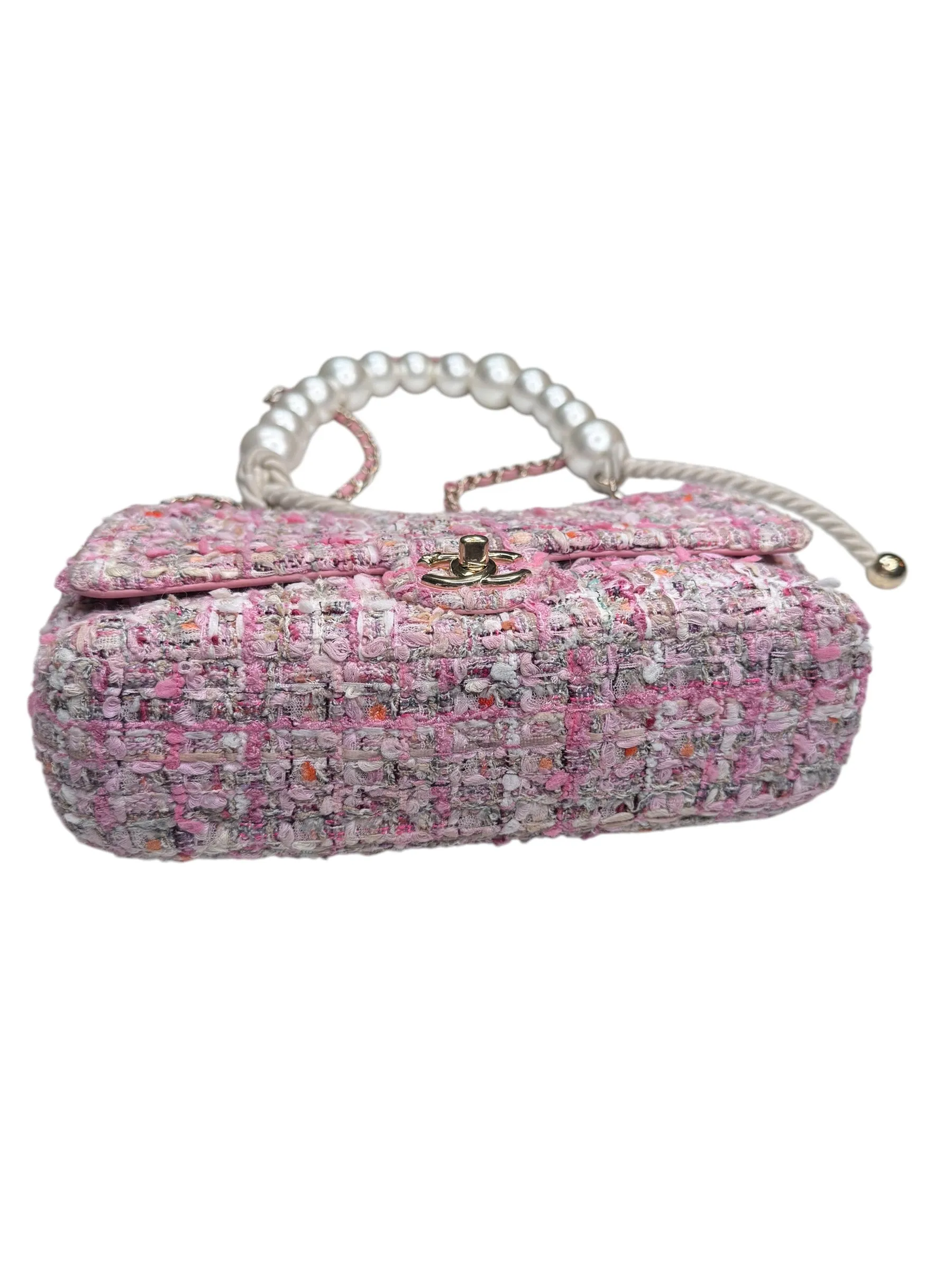 Chanel Pearl Handled Tweed Medium Flap Bag