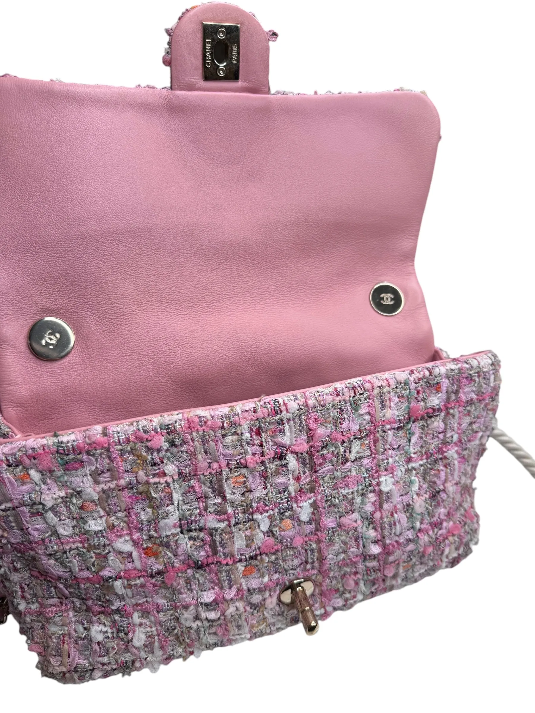 Chanel Pearl Handled Tweed Medium Flap Bag