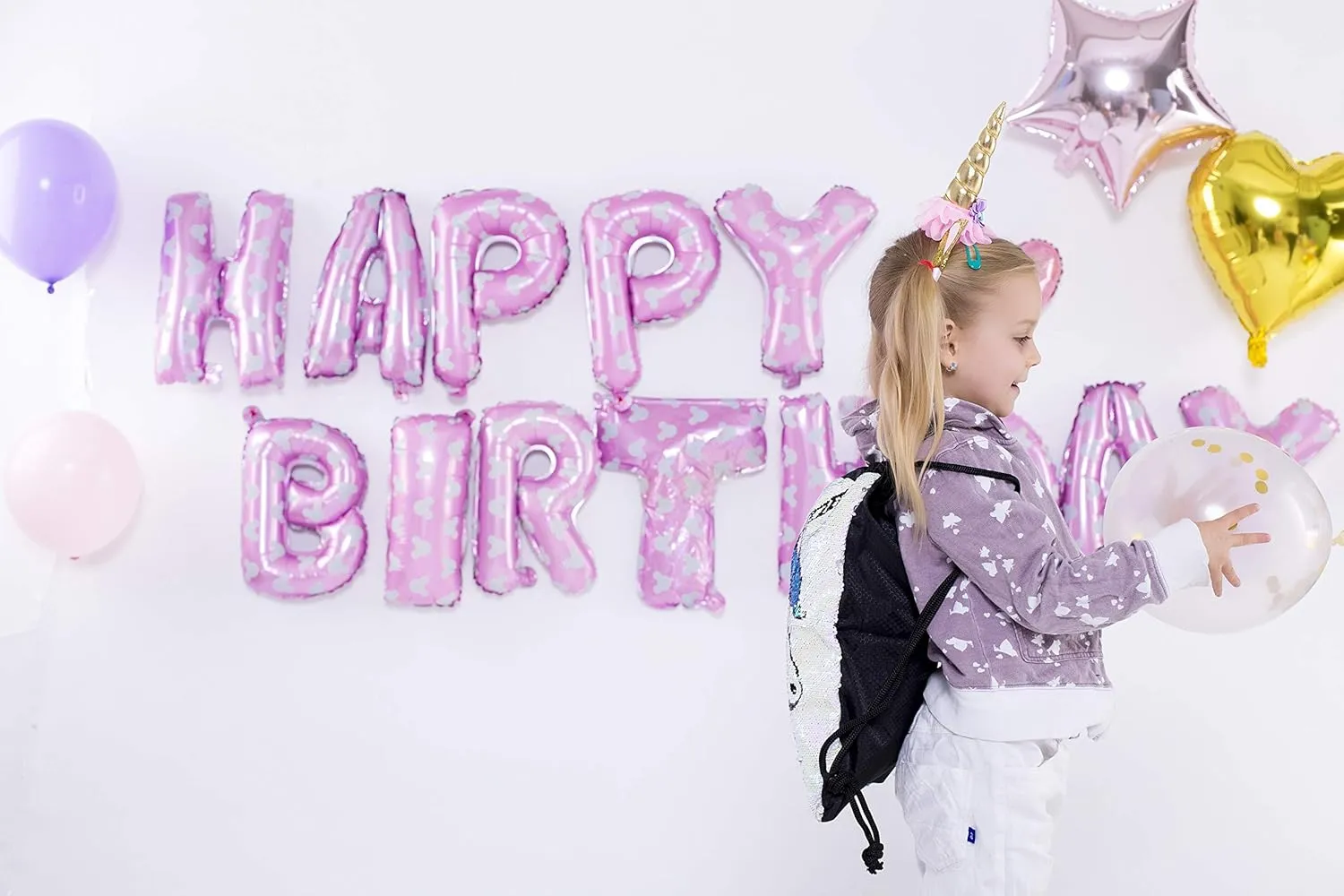 Charmbow Unicorn Gift Set Girls Drawstring Sequin Backpack/Necklace/Headband/Keychain/Hair Bow (White w/Dream Catcher)