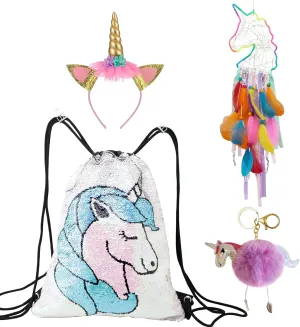 Charmbow Unicorn Gift Set Girls Drawstring Sequin Backpack/Necklace/Headband/Keychain/Hair Bow (White w/Dream Catcher)