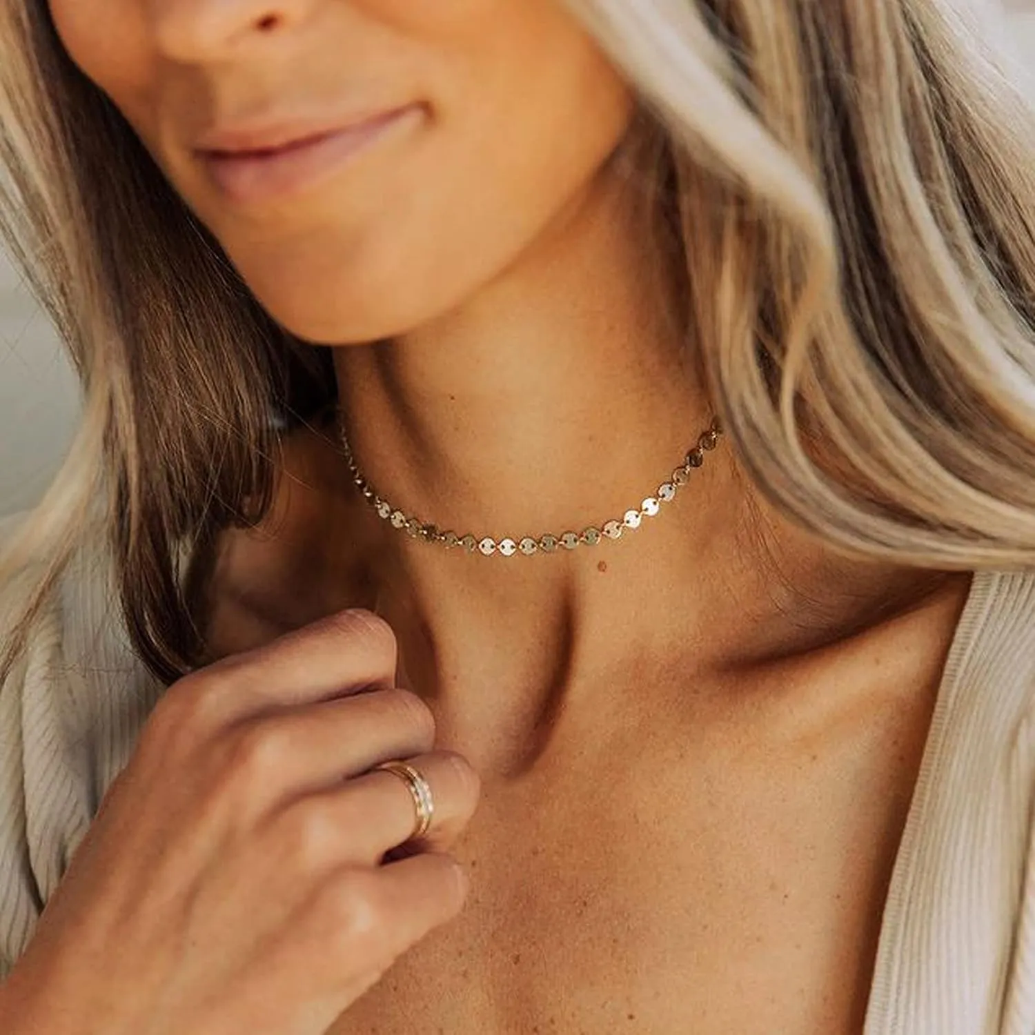 CHESKY Dainty Gold Necklace for Women, Trendy 14k Gold Plated/Sterling Silver Satellite Choker Necklace Thin Beaded Layered Choker Necklaces Discs Paperclip Chain Necklaces Womens Simple Jewelry Gift