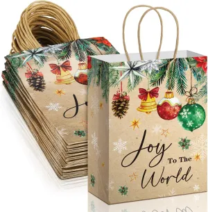 Chiisong 24 Pcs Joy to The World Gift Bags Winter Christmas Paper Gift Bags with Handles Medium Party Favor Bags for Xmas Holiday Wedding Birthday Baby Shower Party Favor
