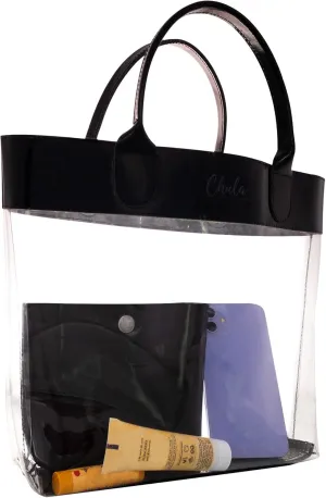 Chula, Rectangular Handbag with Extra Bag Included, Female Purse for Makeup, Wallets and Toiletries, PVC Material and Full Grain Leather, Handmade, Obsidian