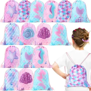 Clabby 16 Pcs Mermaid Drawstring Backpack Bulk Mermaid Party Favor Bags Candy Gifts Goodie Treat Bags for Birthday Under the Sea Ocean Theme Decoration 10 x 12 Inch