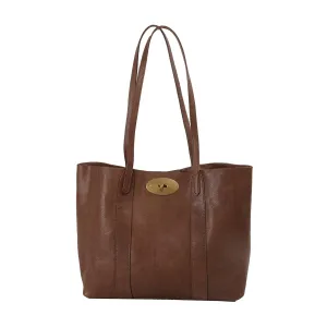 Classic Leather Tote Bag with Gold Hardware, Long Shoulder Straps, Available in Black, Brown, and Tan (Tan, Large)