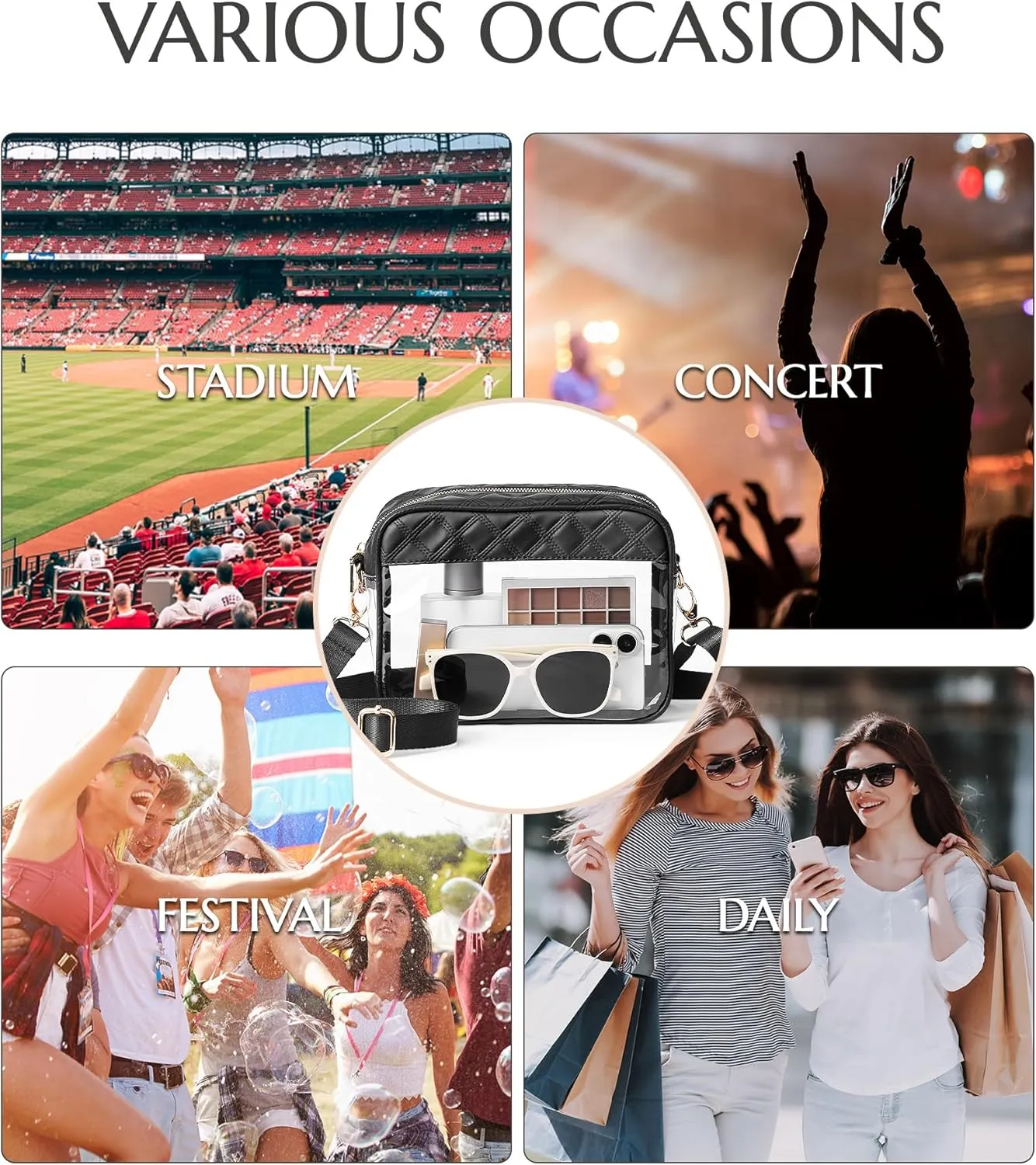 Clear Crossbody Bag Stadium Approved, Clear Purses for Women Stadium Crossbody for Events Concerts Sports Outfits