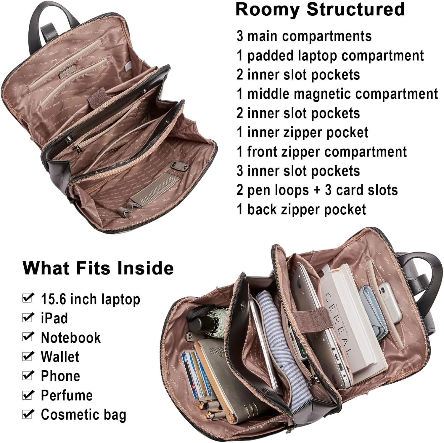 CLUCI Leather Backpack for Women, 15.6 inch Laptop Bag, Large Genuine Work Backpack Travel Back