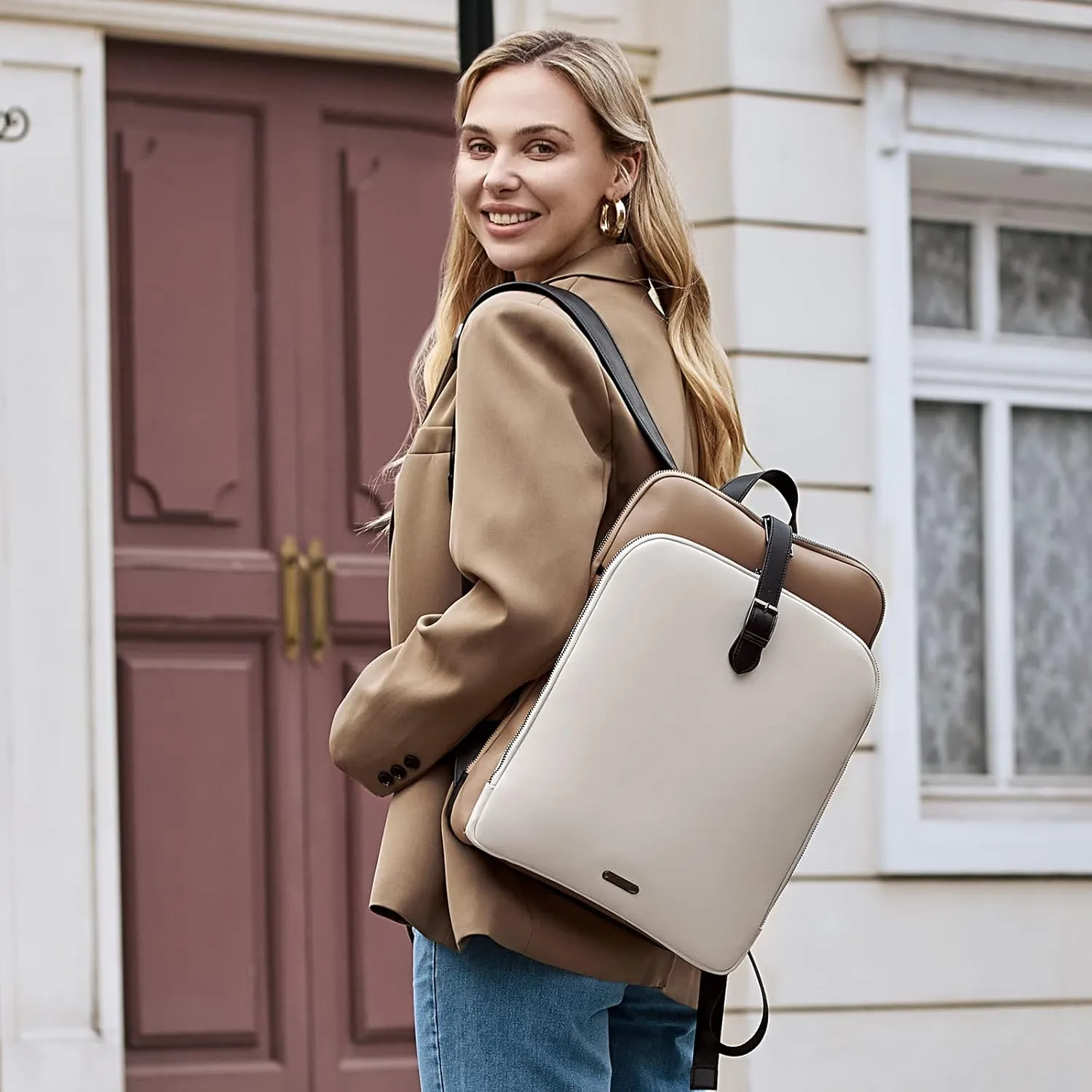CLUCI Leather Backpack for Women, 15.6 inch Laptop Bag, Large Genuine Work Backpack Travel Back