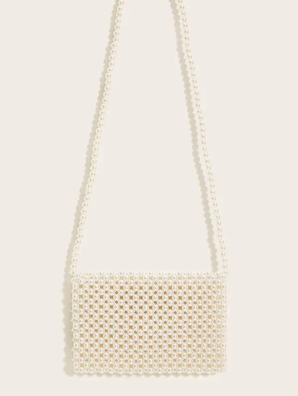 CM-BGS717047 Women Elegant Seoul Style Faux Pearl Beaded Flap Crossbody Bag - White
