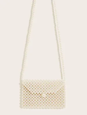 CM-BGS717047 Women Elegant Seoul Style Faux Pearl Beaded Flap Crossbody Bag - White