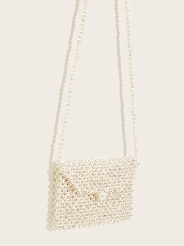 CM-BGS717047 Women Elegant Seoul Style Faux Pearl Beaded Flap Crossbody Bag - White