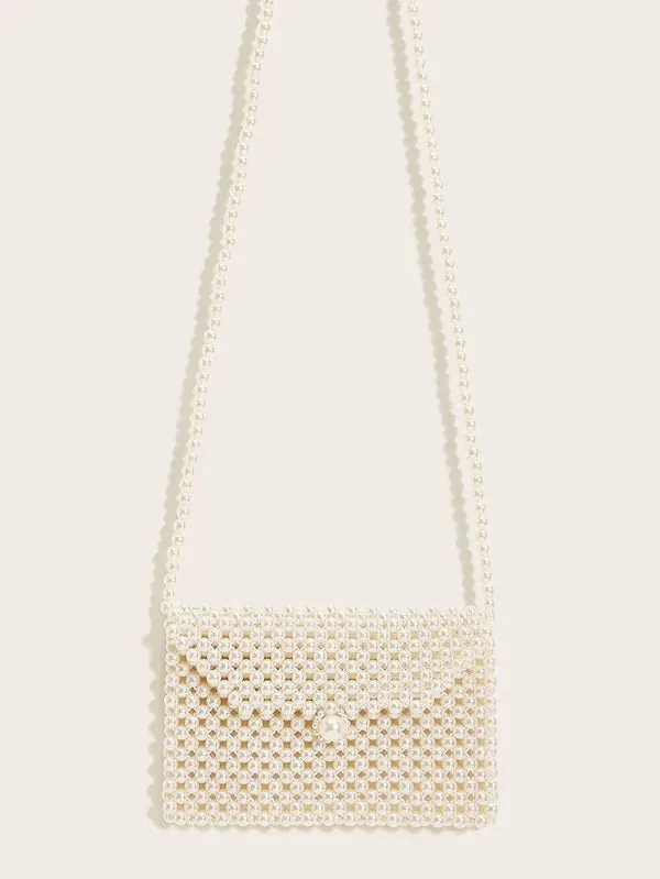 CM-BGS717047 Women Elegant Seoul Style Faux Pearl Beaded Flap Crossbody Bag - White