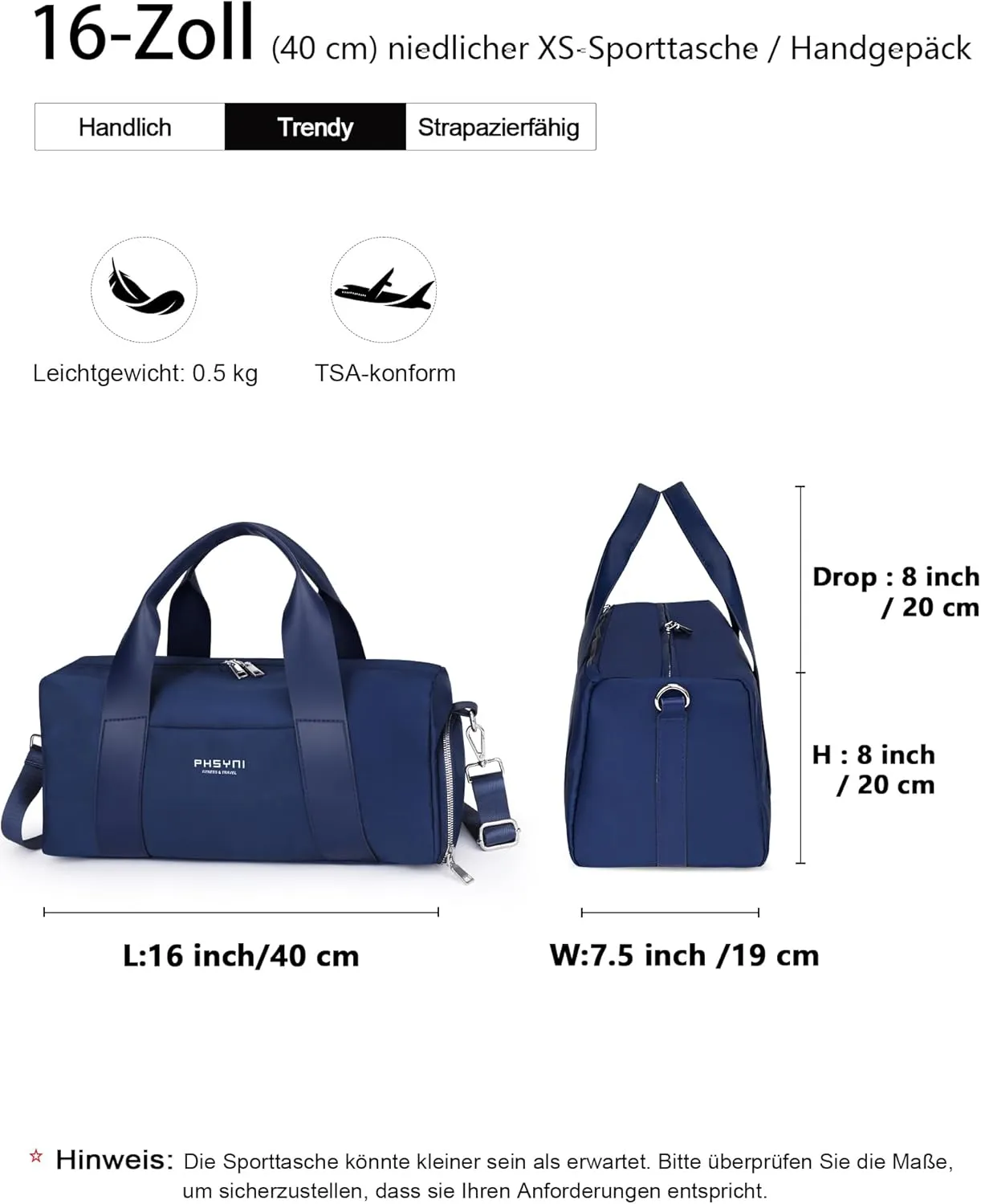 Compact Sports Gym Bag for Women and Man, Cute Mini Duffle Bag with Wet Pocket & Shoes Compartment, Personal Item Travel Workout Bag, 16"-Small, Navy