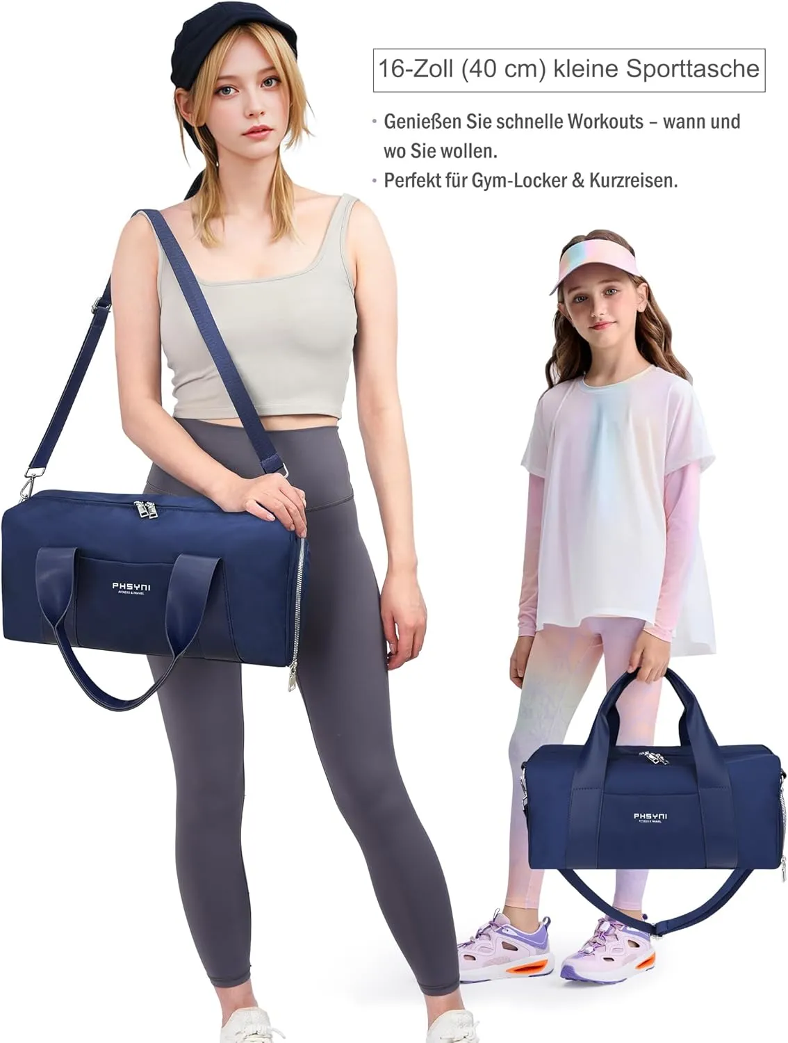 Compact Sports Gym Bag for Women and Man, Cute Mini Duffle Bag with Wet Pocket & Shoes Compartment, Personal Item Travel Workout Bag, 16"-Small, Navy