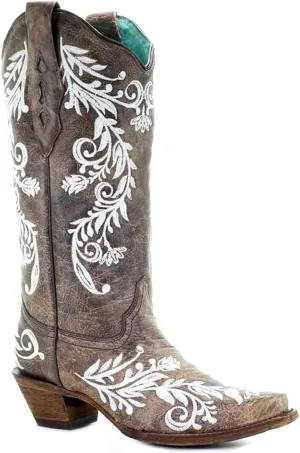 Corral Boots Women's A3753 Glow Collection Snip Toe Pull-On Embroidered Stitched Leather Knee High Western Cowgirl Boots
