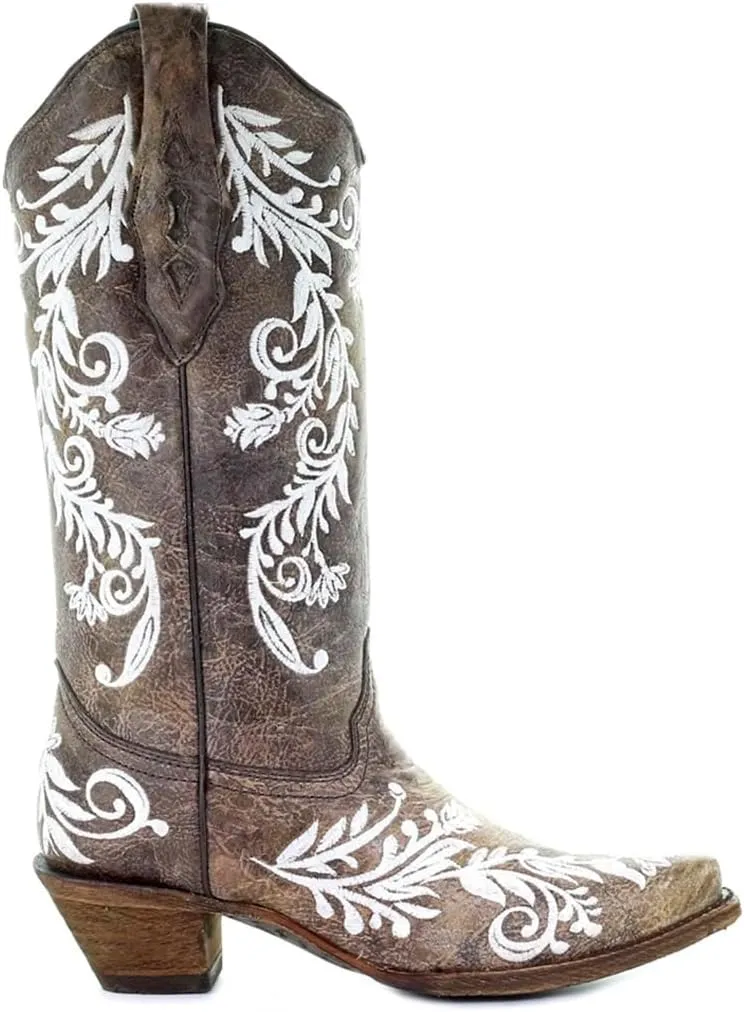 Corral Boots Women's A3753 Glow Collection Snip Toe Pull-On Embroidered Stitched Leather Knee High Western Cowgirl Boots