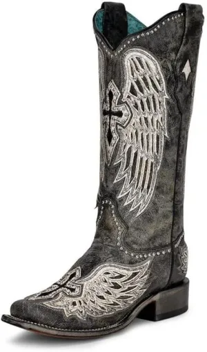 CORRAL LADIE'S BLACK CROSS & WINGS OVERLAY & EMBROIDERY & STUDS SQ. TOE, LEATHER SOLE, WESTERN A4243